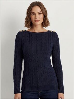 Ralph Lauren Boatneck Navy Blue Cable Knit Sweater with Gold Accents Women M